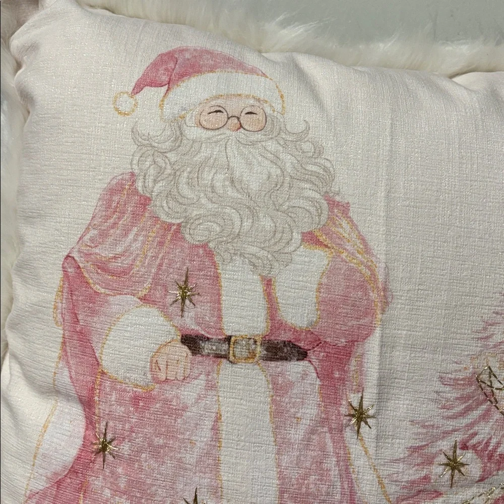 NWT Pink Santa & PINK CHRISTMAS Tree 20 X 20 THROW Pillow W/ FAUX FUR TRIM